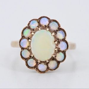Vintage English 9k Gold Opal Halo Ring Hallmark